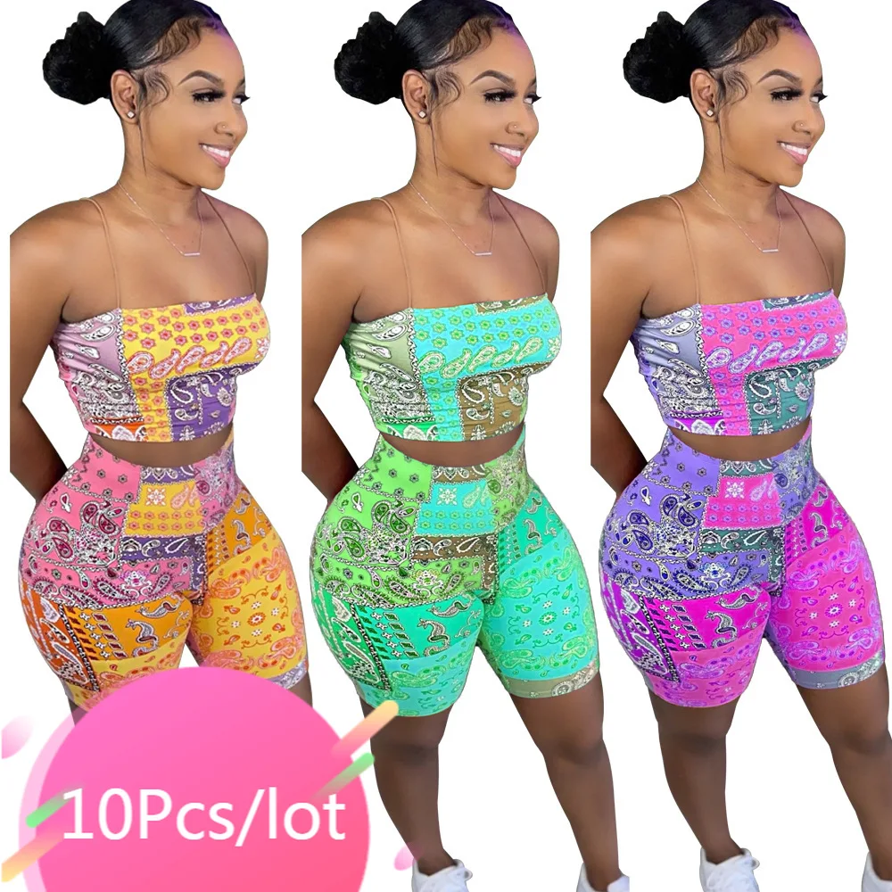 

Bulk Items Wholesale Lots Summer Shorts Sets Women Sleeveless Floral Print Crop Top and Biker Shorts Set Sexy Beach Wear 2021