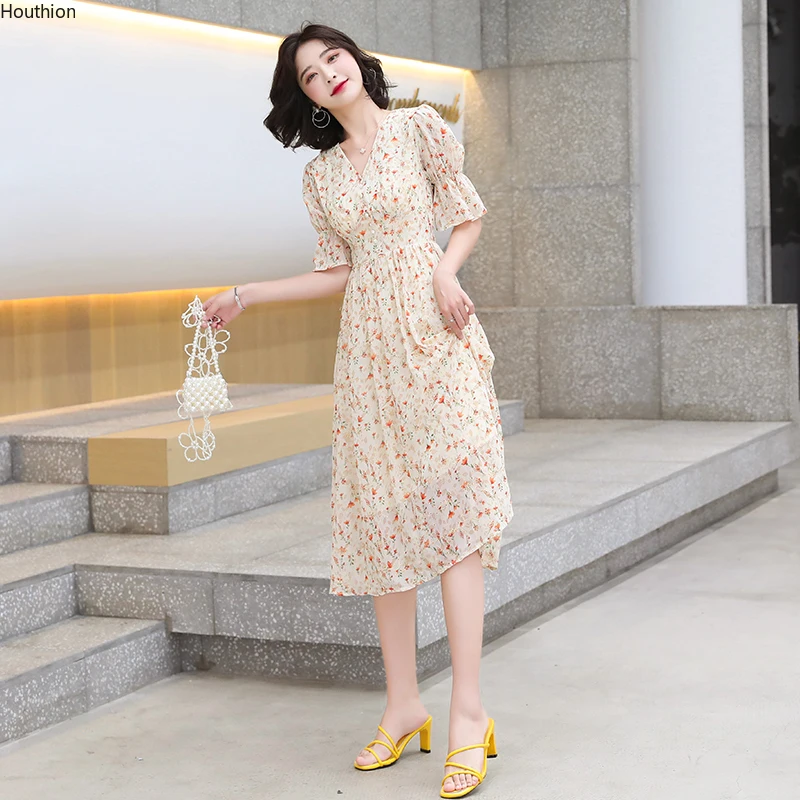 

Chiffon Loose Plus Size Women's Dress New Fashion Casual Short Sleeve Dresses Mid-length Summer Floral V-neck Houthion