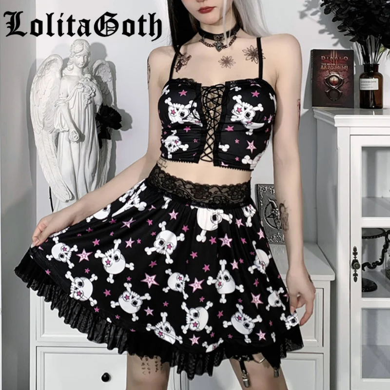 

Lolita Goth Hollow 2 Piece Sets Female Harajuku Dark Crop Top Lolita Kawaii Girl Skull Star Mini Skirt Woman Summer Cloth 2021
