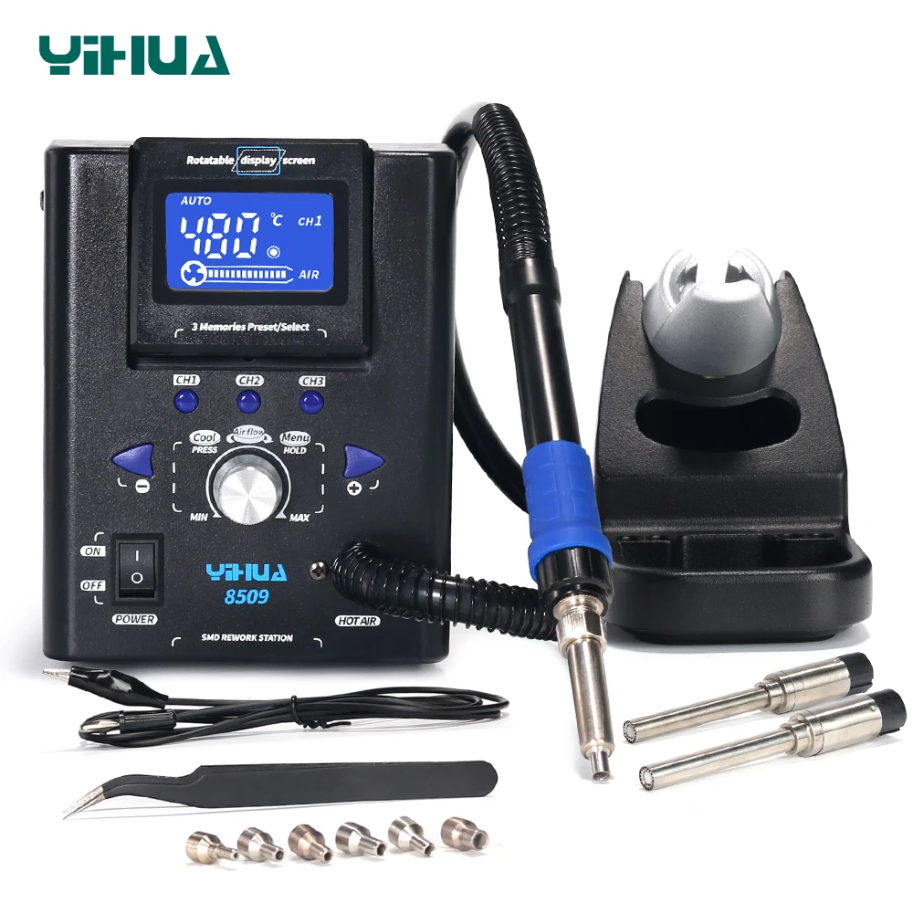 

YIHUA Micro Hot Air Gun Soldering Station with 3.5/3/2.5/2 mm Nozzle Temperture Adjustable SMD 8509 Rework Station Welding Tools