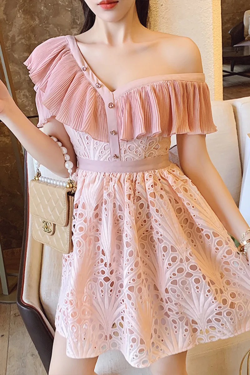 

Elegant ladies Fashion Ruffled Inclined Shoulder Knee-length Dress Sexy New Summer Hollow-out Embroidered Slim Waist Pink Dress