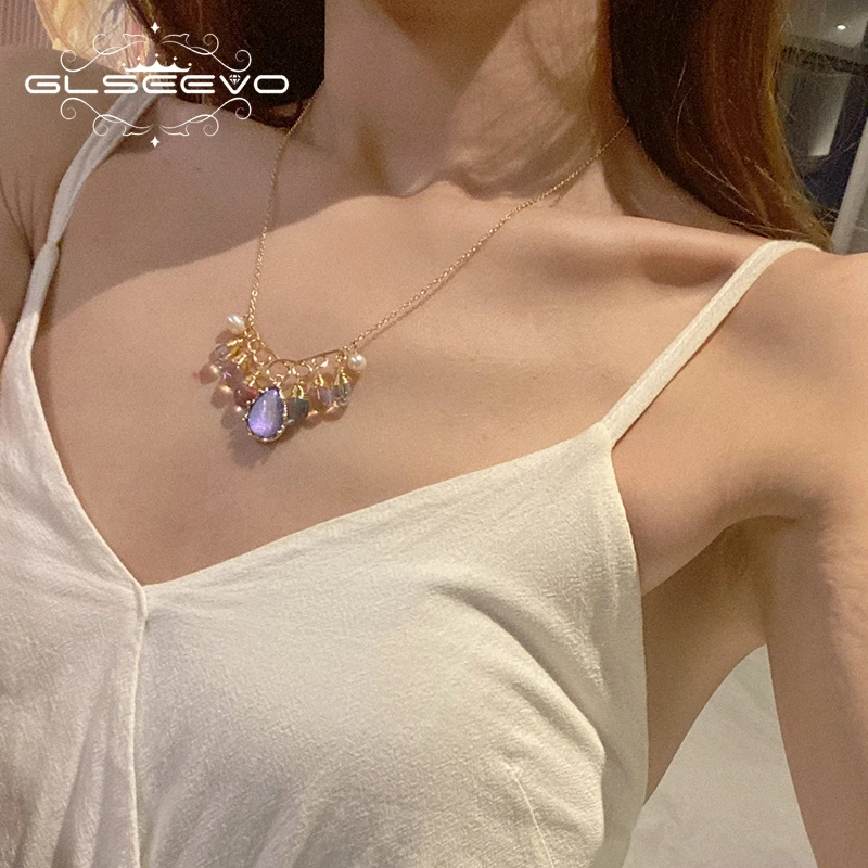 

GLSEEVO натуральный жемчуг 925 Стерлинговое Серебро Фиолетовый кристалл кулон ожерелье 2022 Женская Модная бижутерия влюбленные подарки GN0188