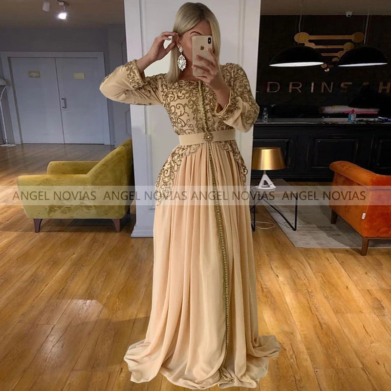 

Long Sleeves Champagne Chiffon Evening Dress 2021 with Beads Abendkleider Formal Women Prom Party Gown vestido de noche