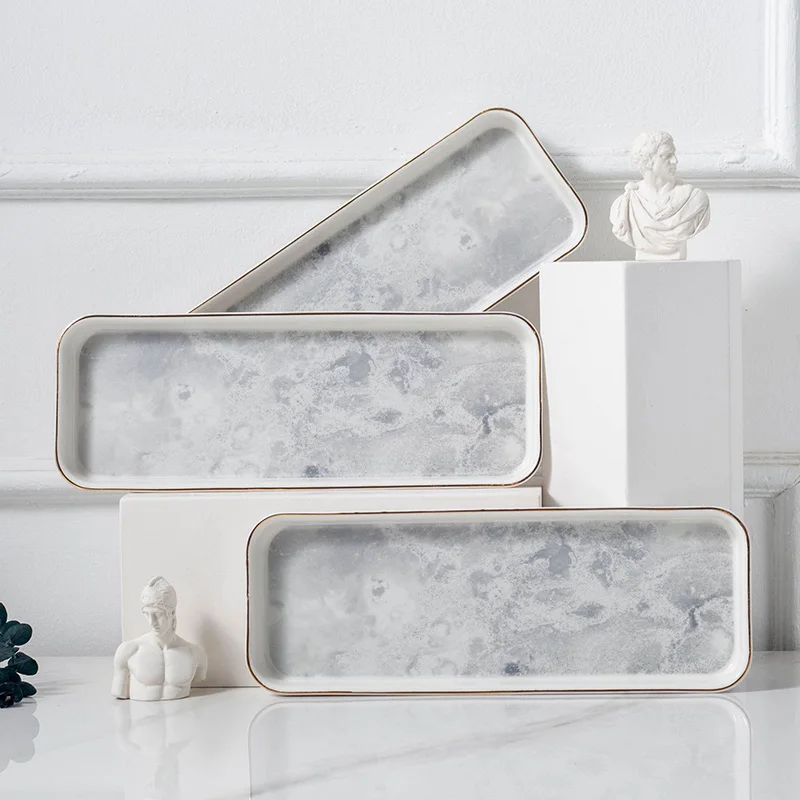 Керамическая тарелка Мраморный Круглый поднос с золотистыми краями столовая