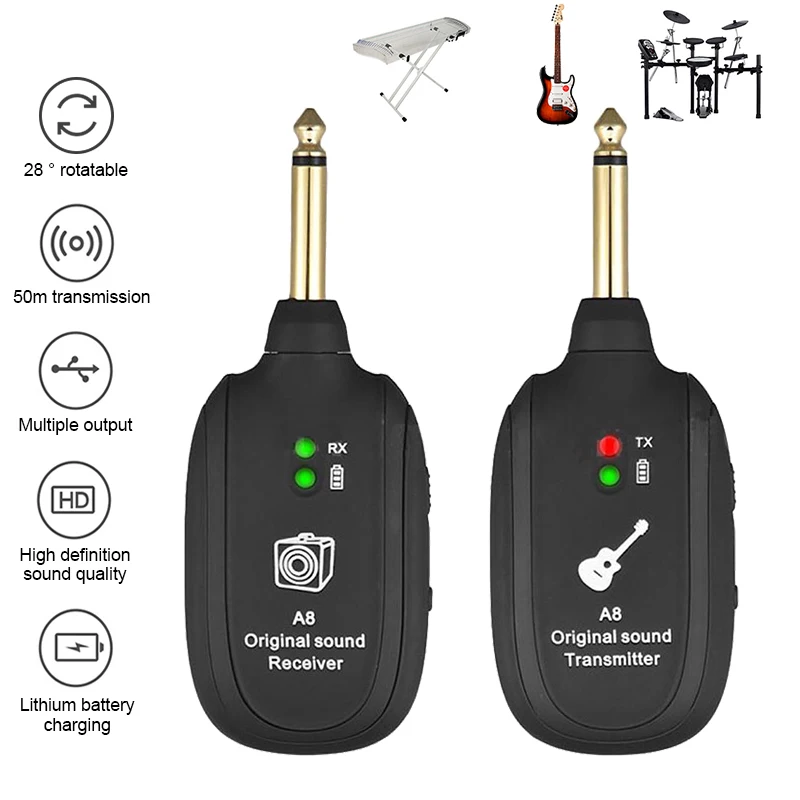 

A8 Wireless Guitar System 4 Channels Wireless Guitar Transmitter Receiver Built-In Rechargeable For Electric Guitar Bass Violin