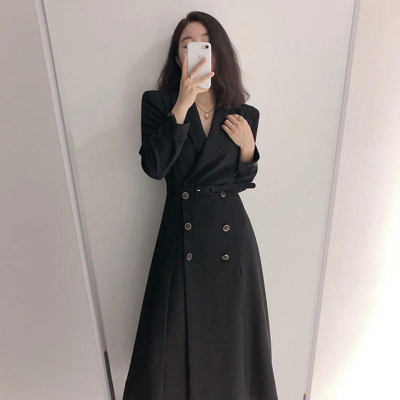 

LY VAREY LIN Spring Autumn Women Elegant Double Breasted Slim Dresses Solid Blazer Maxi Dress with Belt Office Lady