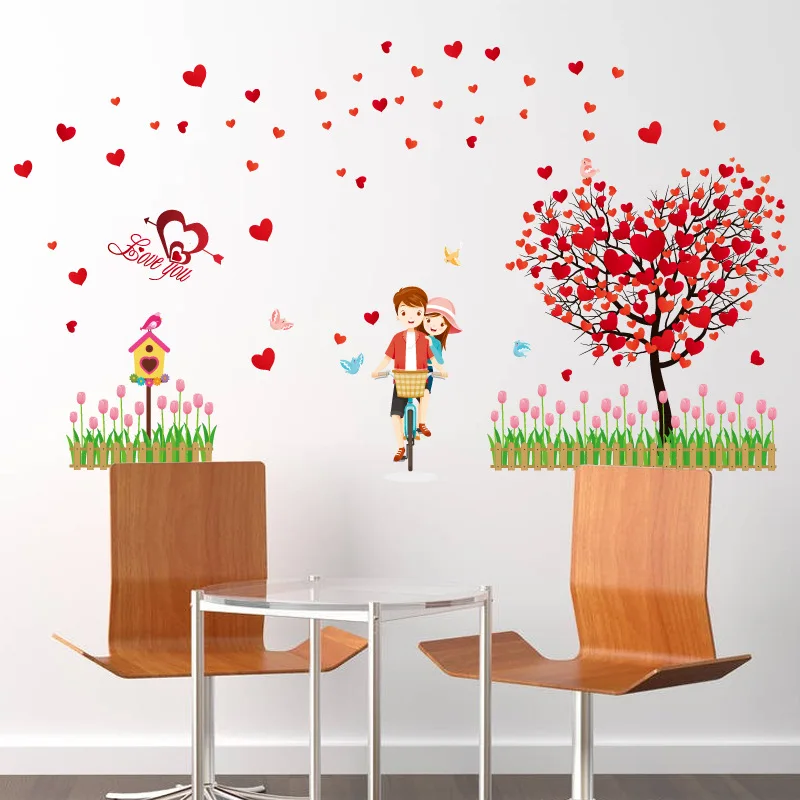 

Romantic Love Tree Wall Stickers Flowers Kids Rooms Bedroom Decor DIY Cartoon Bike Wall Decals Mural Art PVC Posters