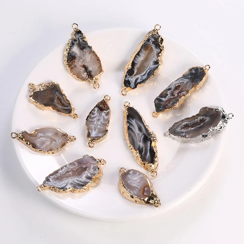 2 шт. кулон из натурального камня полые геометрические 2 отверстия кулон agates Druzy разъем Подвески для DIY серьги браслет Изготовление ювелирных изделий