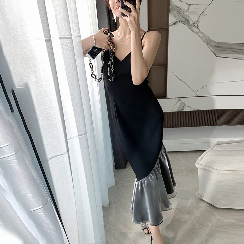 

Chic V-neck Spaghetti Strap Women Mermaid Dress Elegant Sleeveless Ruffles Midi Female Dress 2021 Summer New