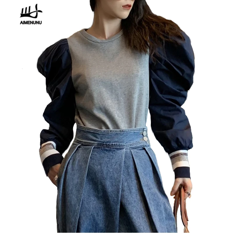 AIMENUNU Лоскутная Женская толстовка с круглым вырезом и рукавами-фонариками