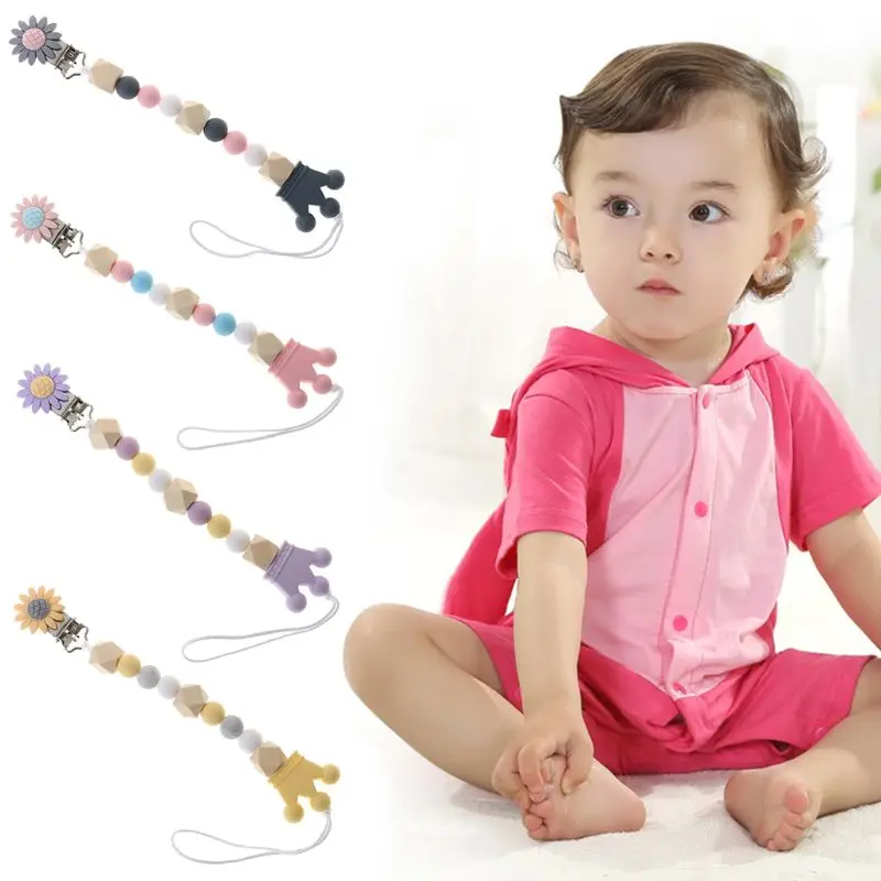 

Pacifier Pacifier Chain Food Grade Silicone Wood Beads Crown Cartoon Flower Pendant Strap Nipple Teether Towel Support Newborn