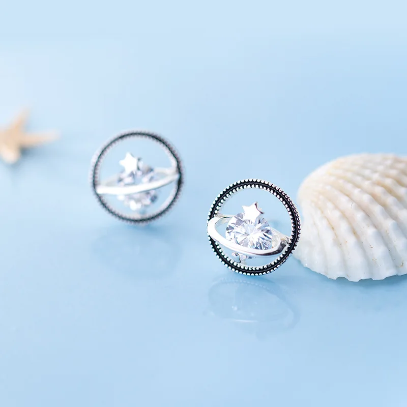 

MloveAcc Galaxy Planet Stud Earrings for Women Dazzling AAA Clear CZ Wedding Earing Studs 925 Sterling Silver Statement Jewelry