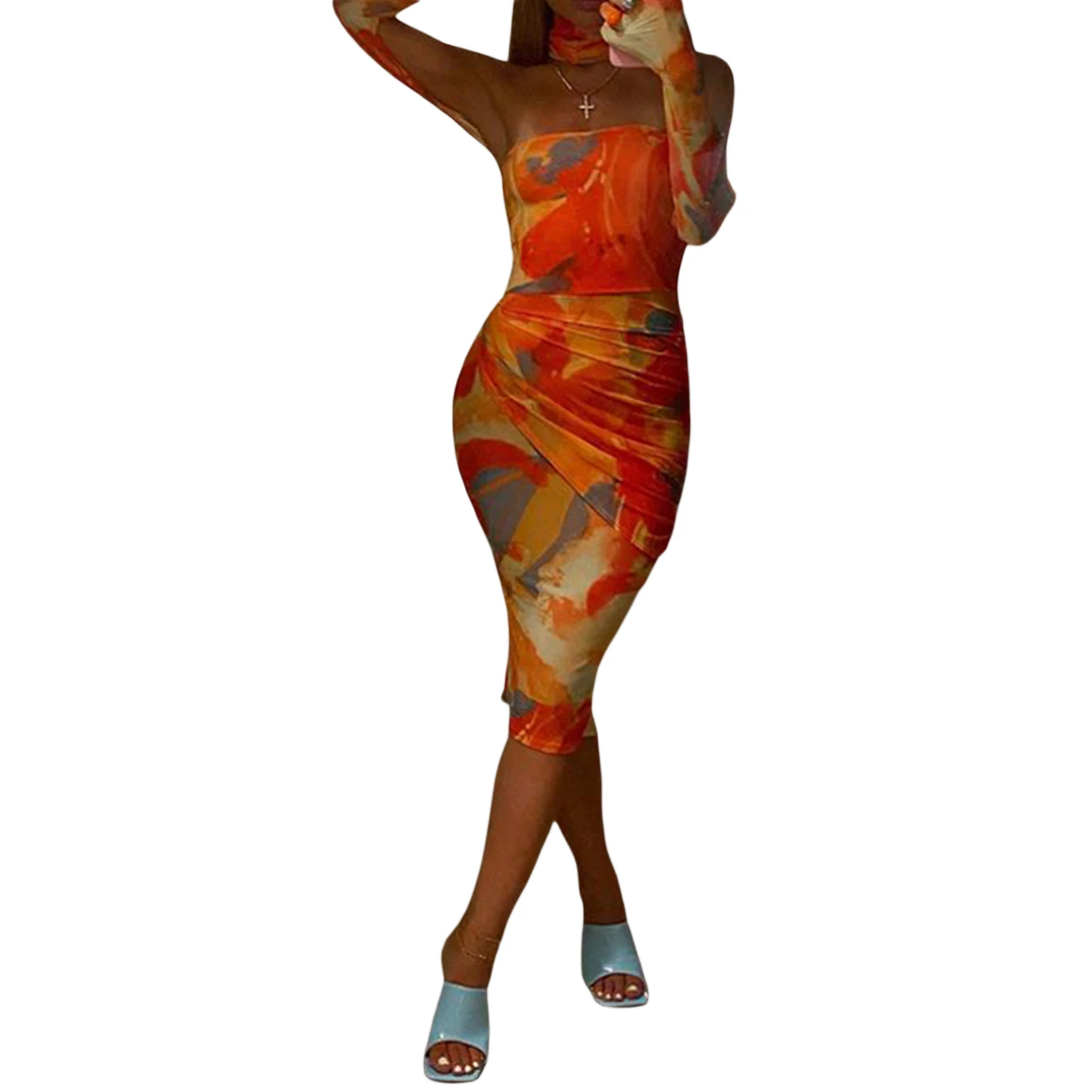

Women\u2019s Sexy Tube Tops Pencil Dress Fashion Printing Backless Skinny Mid-length Dress with Halter Sleeves