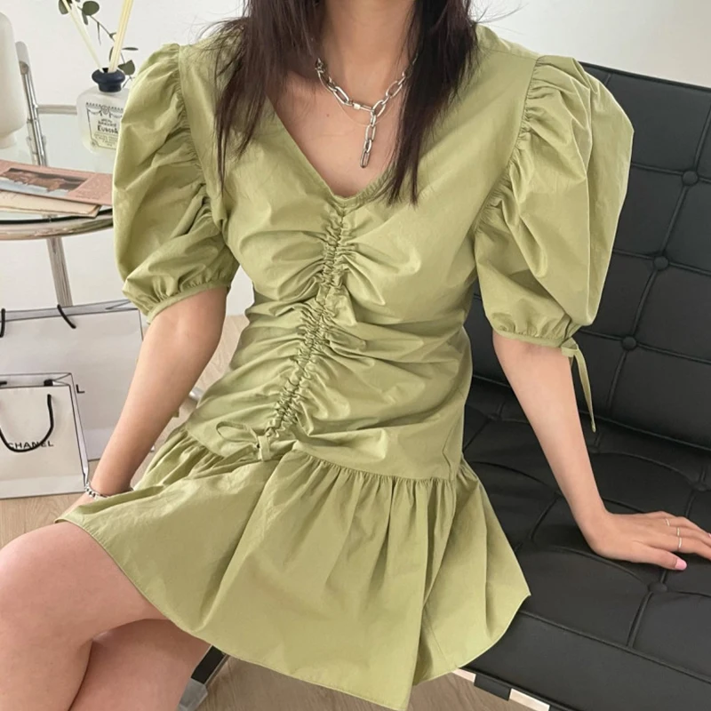 

Temperament Dark Vestidos Female V-neck Drawstring Waist Slimming Lace Puff Sleeve Mini Dress DK987