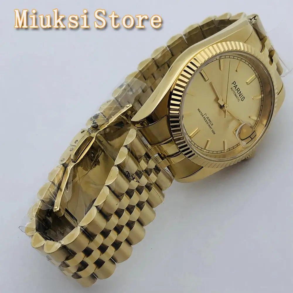 Женские Классические Механические часы Parnis 36 мм золотой чехол с сапфировым