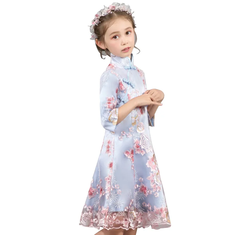 

3/4 Sleeve Tang Suit Childer Cheongsam Skirt Chinese Embroidery Flowers Qipao Evening Dresses A-Line Floral Trim Short Prom Gown