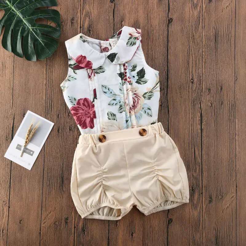 

Newborn Baby Kids Girl 2Pcs Summer Clothes Summer Sleeveless Floral Printed Tops Shirt Shorts Pants Outfit Children Party Set