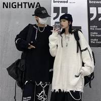nightwa couple sweater ripped hole tassel oversized knitted sweater irregular design pullover hip hop punk knitwear women top