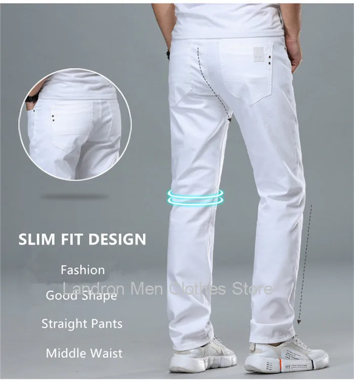 Calça jeans branca elástica para homens, slim