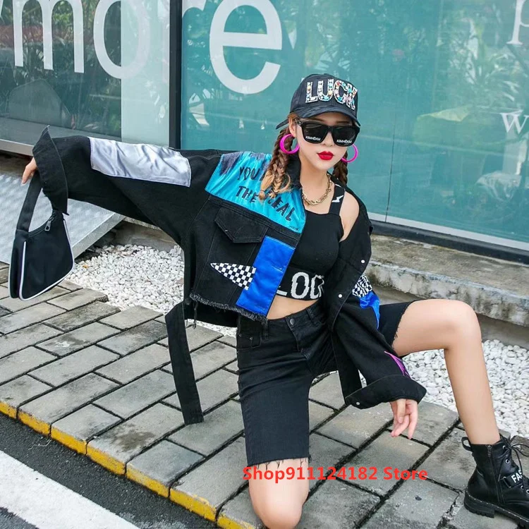 

European and American Fashion Brand Contrast Color Fashion Stitching Denim Short Jacket Women 2021 Spring Printed Patch Cardigan