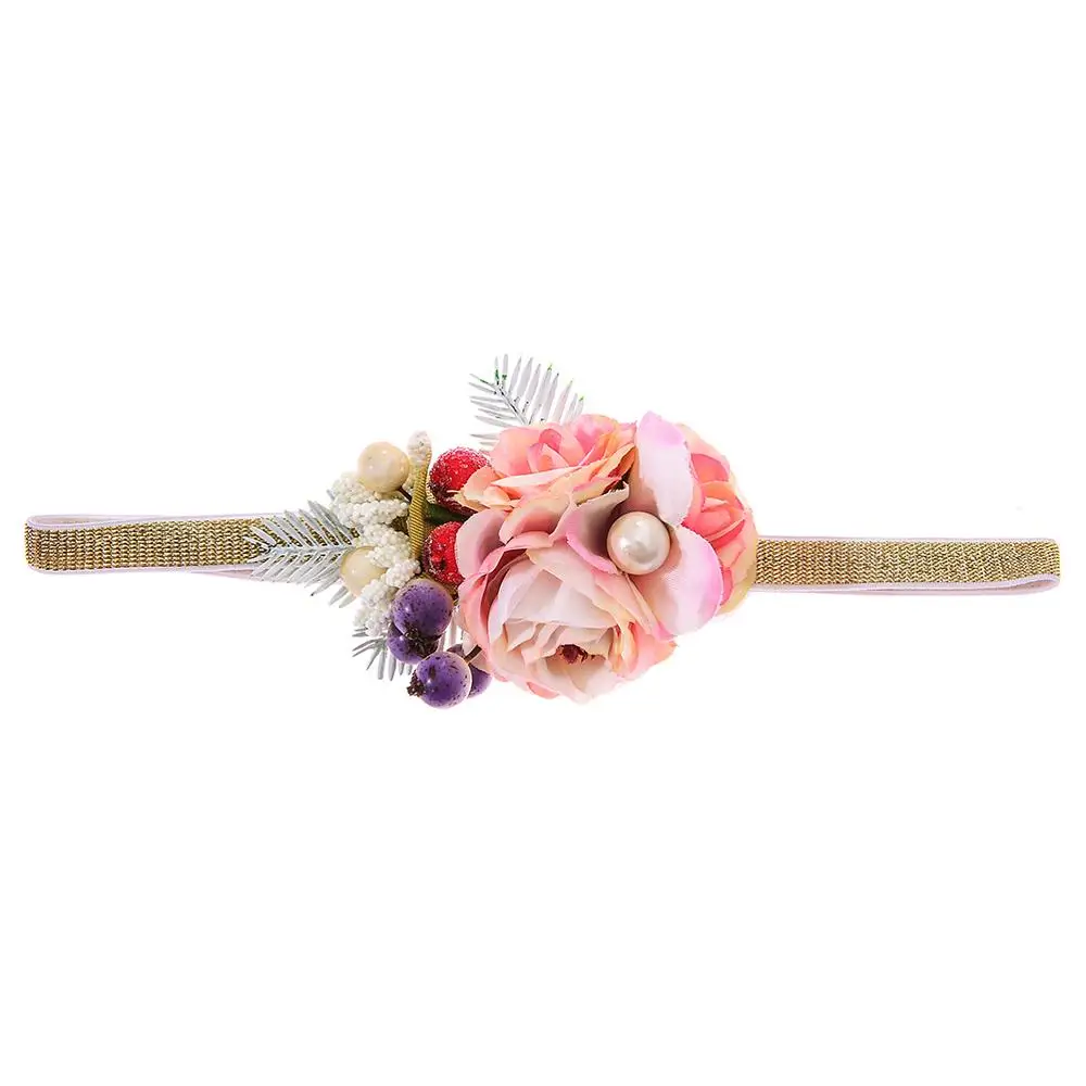 Gold Light Pink M MISM новые детские цветочные аксессуары для волос, венки для волос золотого цвета, повязка для волос ручной работы для детей, милая эластичная повязка на голову - Цвет: Gold Light Pink