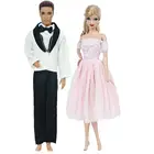 Ручной работы комплект из 2 предметов, наряды для куклы с кружевами; Цвет Розовый Короткое платье; белый смокинг костюм для танцев вечерние мяч Одежда для куклы Барби Кен куклы