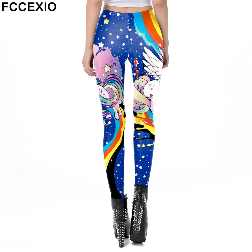 

FCCEXIO Xmas Unicorn Leggings Women 3D Rainbow Printing Workout Legging Slim Fitness Leggins Plus Size Pants Noel Leggin