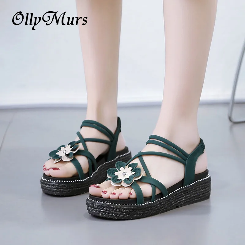 Women's Summer Green Sandals Roman women's Open Toe Shoes Flower Flat Bohemian Comfortable Fish Mouth Beach | Обувь