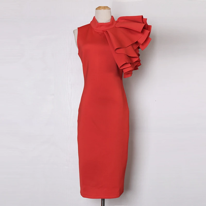 TWOTWINSTYLE Ruffles Off Shoulder Knee Length Dress Women Stand Sleeveless High Waist Bodycon Dresses Female Fashion 2020 Spring | Женская