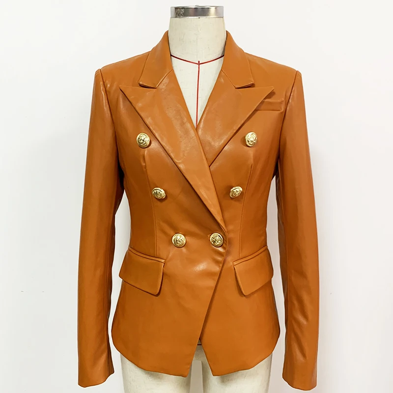 

High Quality Newest Vogue Nice Designer Style Women's Double Breasted Lion Buttons Synthetic Leather Blazer Jacket Brown