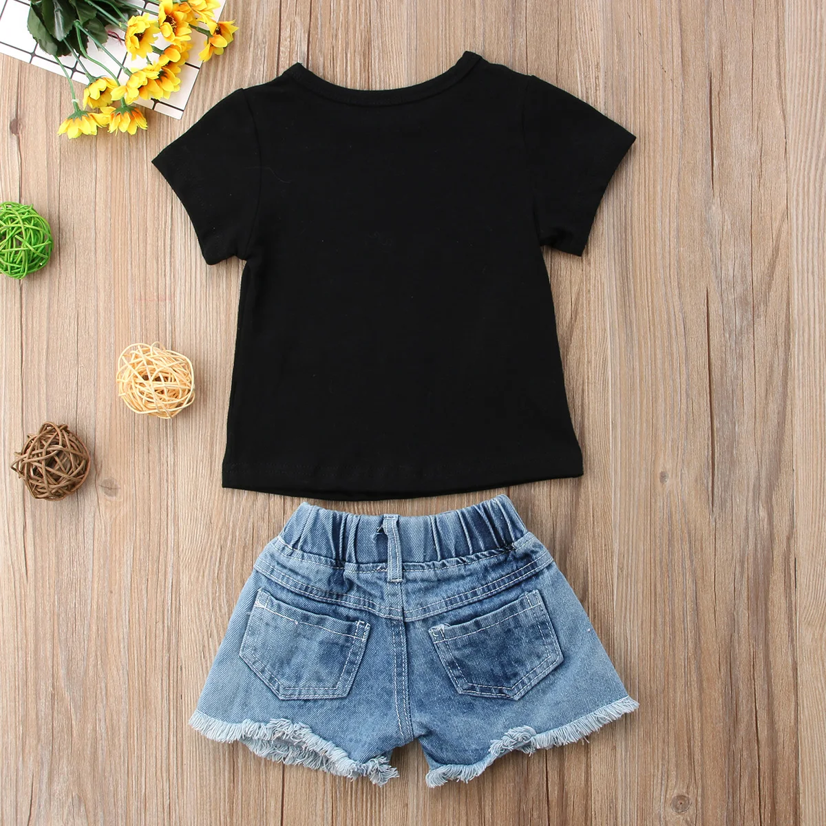 

Fashion Causal Toddler Baby Girls 2PCS Letter Print Black Short Sleeve T-Shirts Tops Denim Hole Blue Shorts Outfit 0-4Y