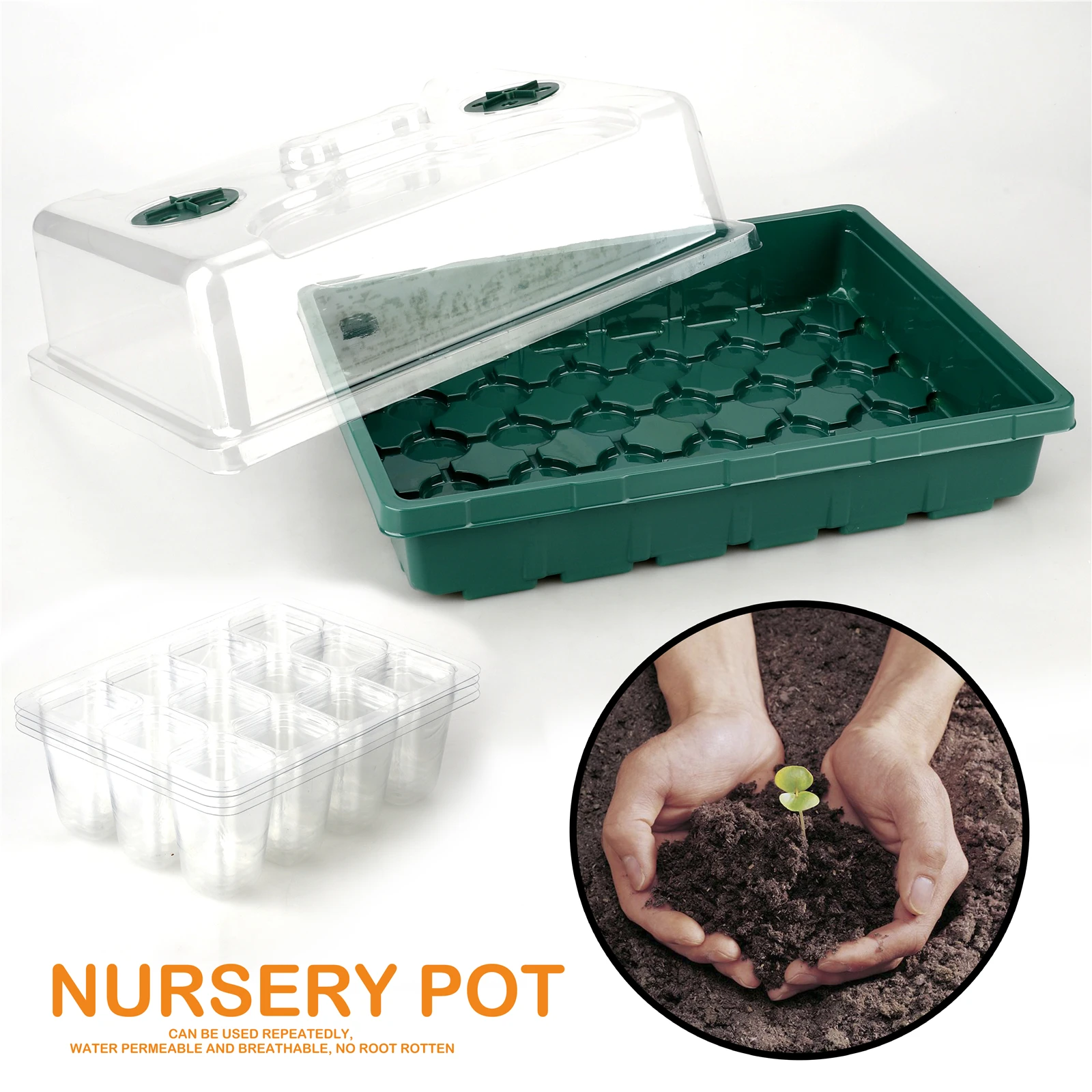 

Seedling Tray Flower Pot Plant Grow 38*28*16cm 3pcs Transparent Gardening Supplies Thermal Insulation PP Nursery Green 48 Holes