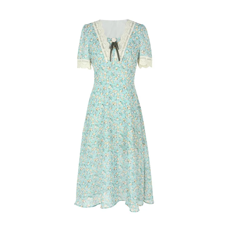 

Summer Dress Female Flowers Casual Women's Dresses Bow Lace Split Long Woman Beach Dress Short Sleeve Dresses Summer 2021 Ladies