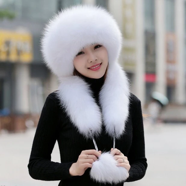 Imitation Fur Hat Snow Hat Autumn Winter Imitation Fox Fur Hat Scarf One Body Warmth Women's New Versatile Girl Outdoor White