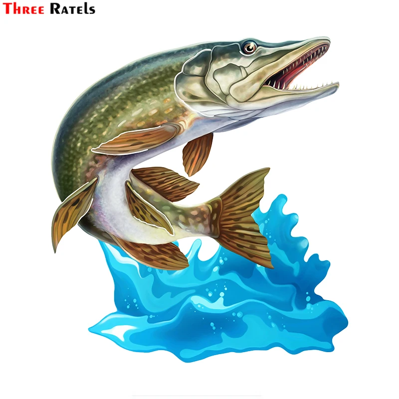 

Three Ratels FC68 Cool Jumping Northern Pike Walleye 3D Fish Wall Art Stationery Sticker Decal For Car Bike Motorcycle Room