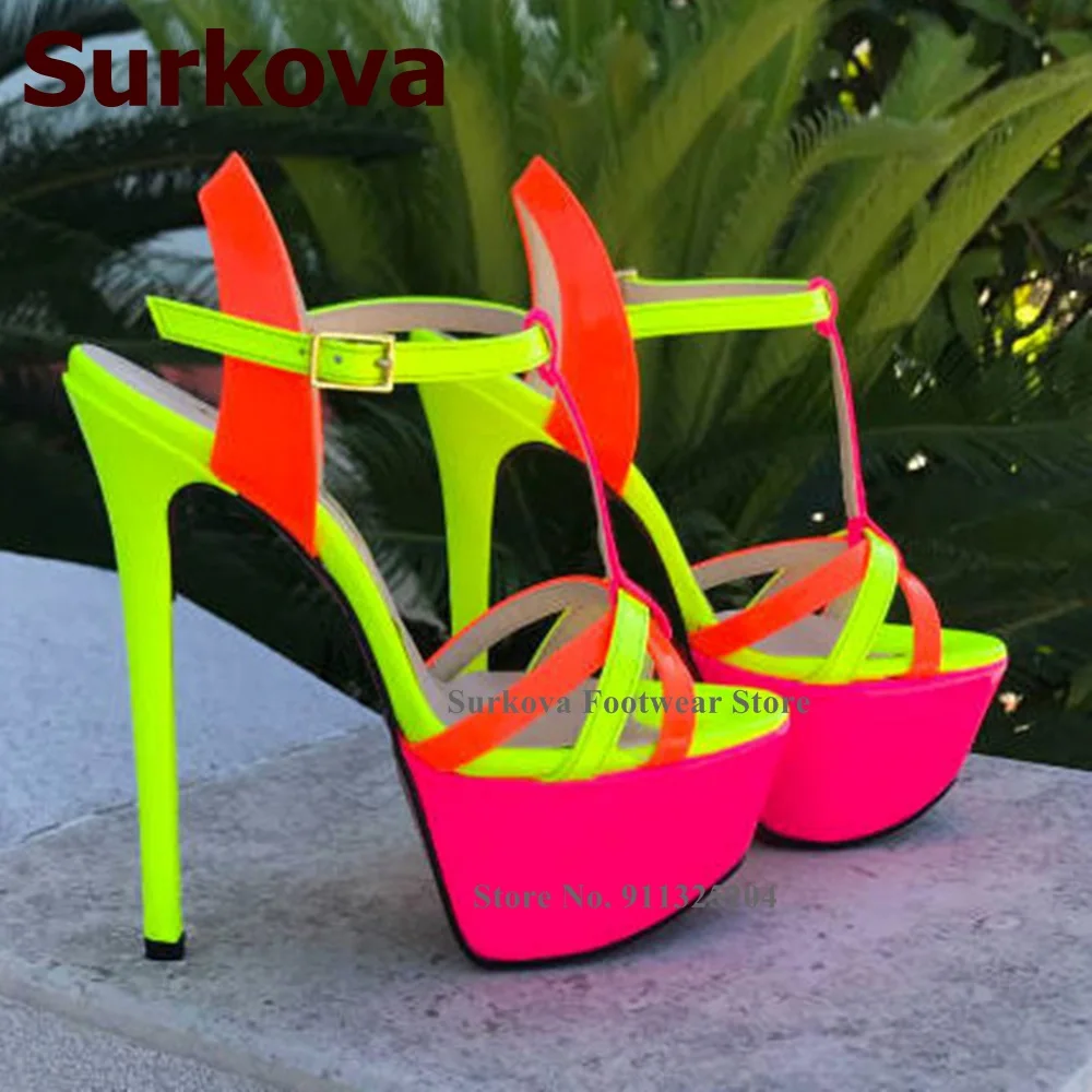 Surkova Neon Yellow Stiletto Heels Platform Sandals Colorized T-Strap Bride Shoes Women Amazing Mirror Leather Patchwork Pumps