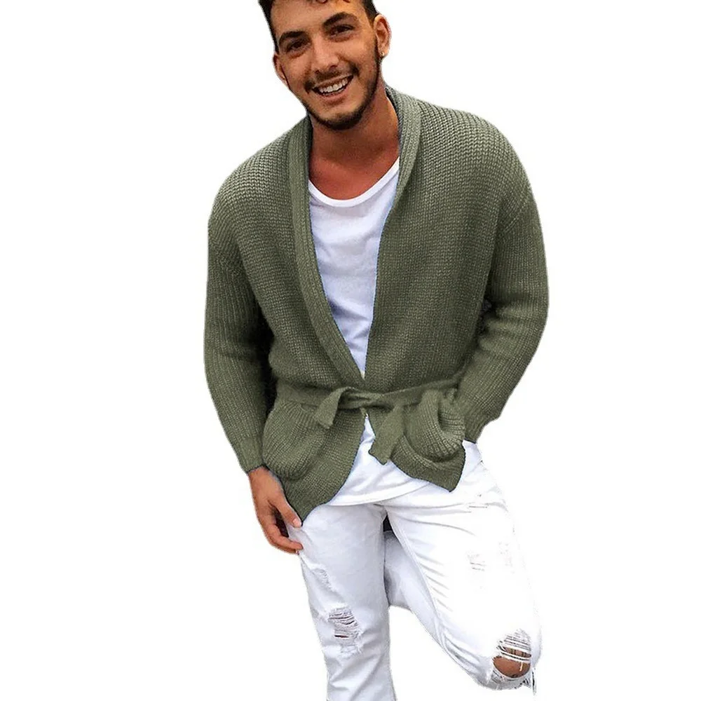 Cardigan For Men With Belt Casual Streetwear Knitted Sweater Coat Fashion Clothing 2021 Solid Color | Мужская одежда