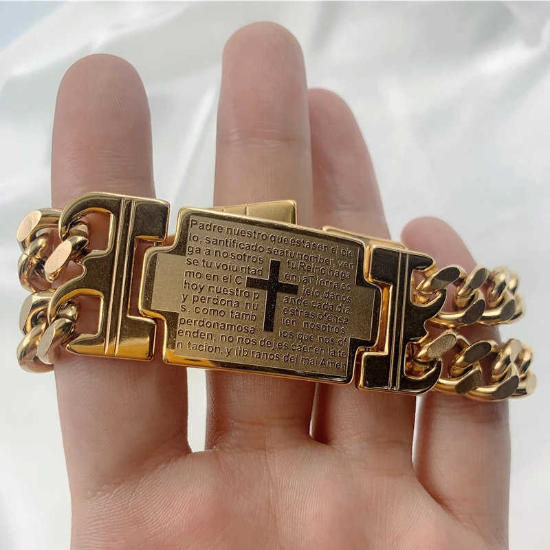 

Изысканный модный браслет из нержавеющей стали золотого цвета кубинская цепочка с Иисусом крестом мужские высококачественные ювелирные и...