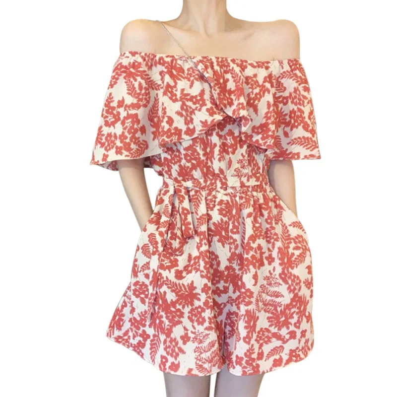 

Summer Short Jumpsuit Off-shoulder Floral Printed Ruffle Short Sleeve Fashion Casual Romper Female