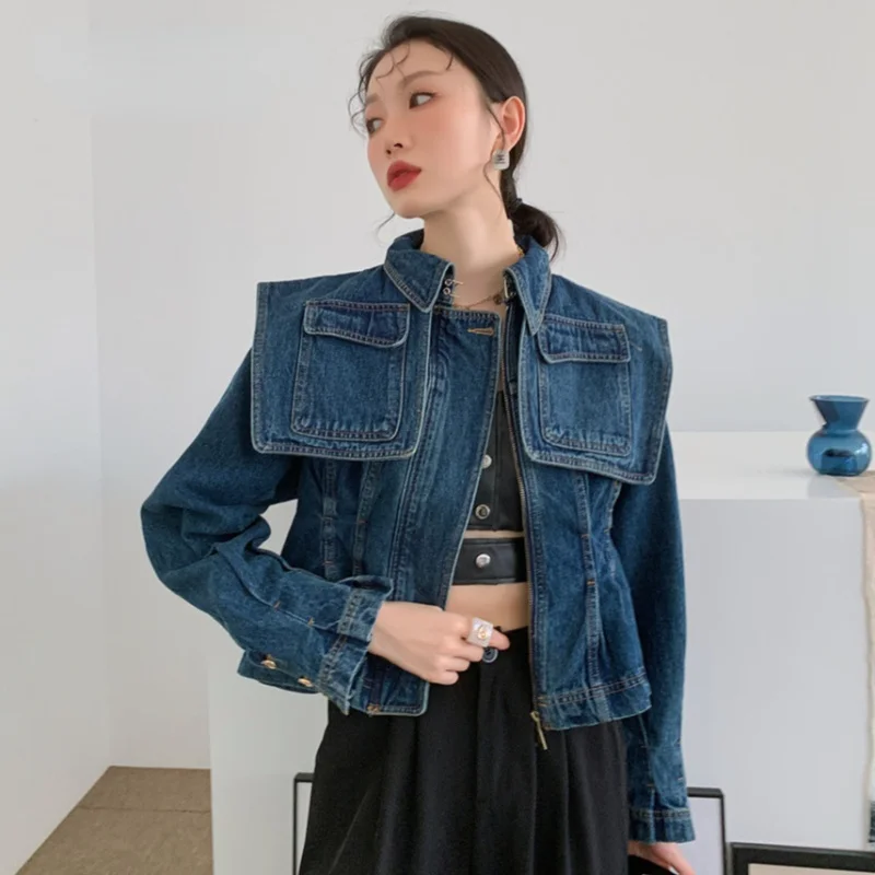 

ZCSMLL Fall 2021 Denim Jacket Women Fashion Slim Cape Coat Dark Blue Jean Jacket Ladies Designer Coat Autumn Clothing