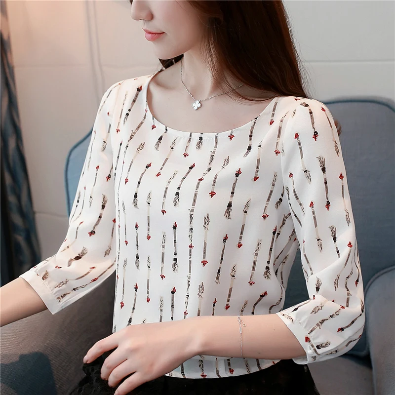 

Houthion Silk Women's Blouses Fashion Top Printed Chiffon Shirt Casual New Korean Summer Blouse Print Office Lady Blusas