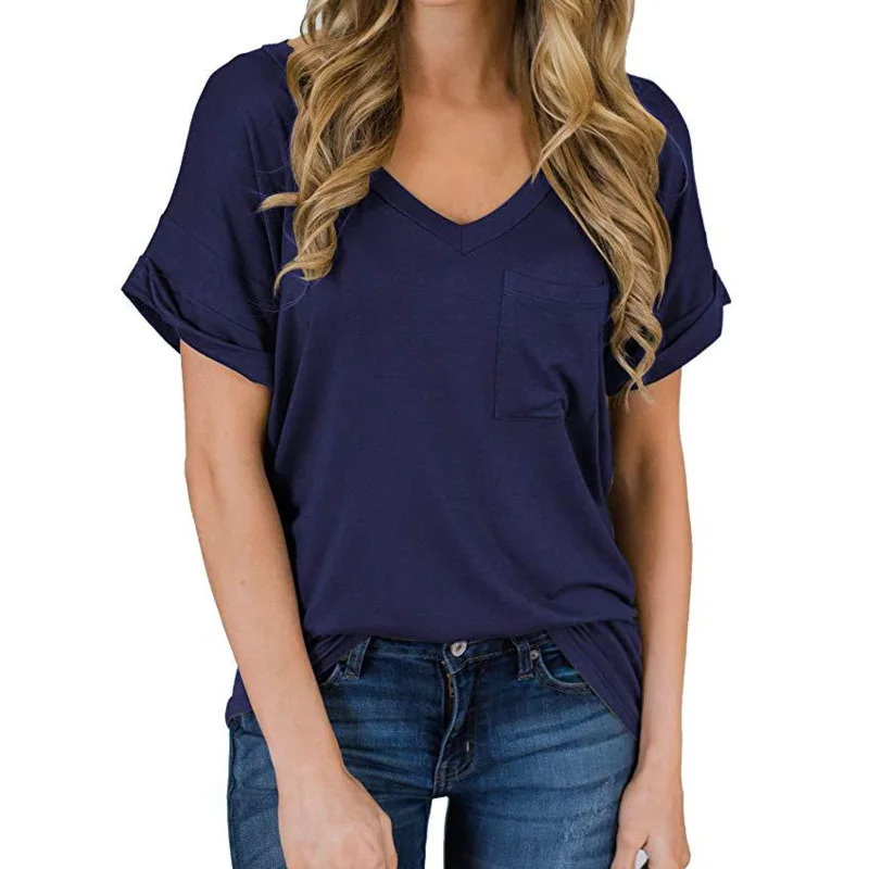 

2021 Women Short Sleeve V-Neck Solid Summer T Shirt Pocket Loose Tops Casual Camisa Mujer De