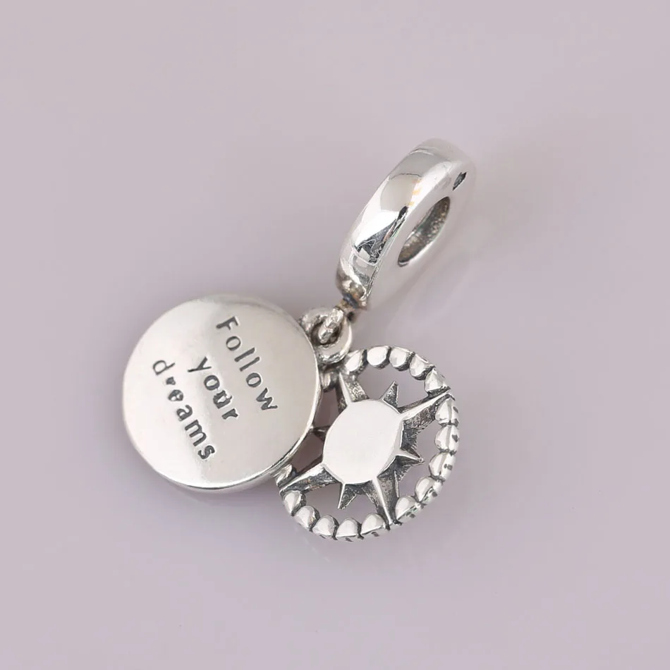 

S925 Silver Pendant Bead Charm for Women Bracelet Bangle Compass Dangle Charm Enamel & Cyan Blue Crystal