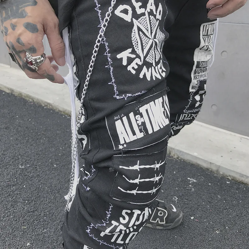 Men's Holes Skinny Jeans Pants Streetwear Letter 2019 Ripped Slim fit Biker Denim Hip Hop Men Destroy Pant MG270 | Мужская одежда