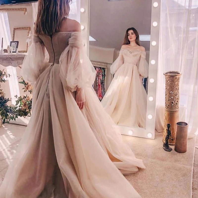 

Dubai Evening Gowns 2020 Organza Off the Shoulder Long Sleeves Formal Dress Robe De Soiree Abiye Abendkleider Prom Dresses