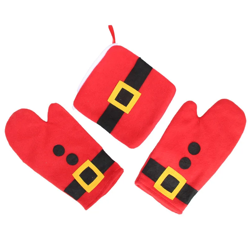 

3pcs/set Christmas Red Microwave Oven Anti-Hot Gloves Christmas Baking Insulation Pads Xmas Decoration for Home Dinner Party