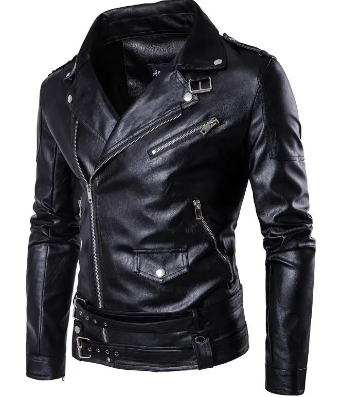 

M-5XL HOT / Spring Men's New Fashion Jacke Personalized Large size locomotive lapel slanted zipper PU jacket
