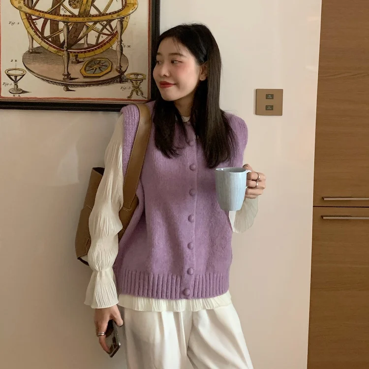 

2021 Spring Clothing Korean Style Ins Younger Cute Wooden Ear Pleated Slim-Fit Shirt Women + Soft Glutinous Warm Vest
