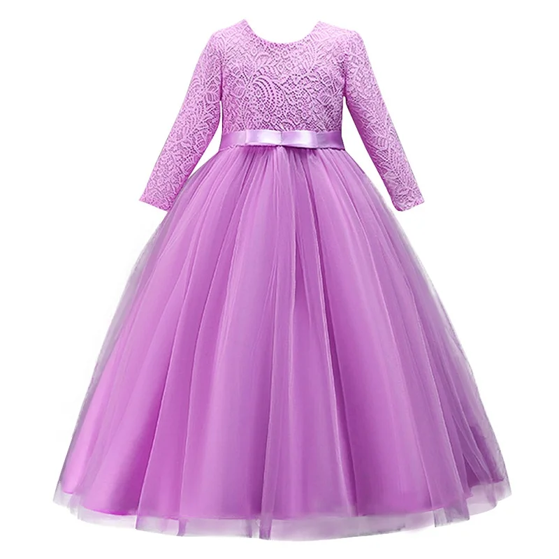light purple Модное Новое Детское платье для девочек, 3/4 рукав, высокая талия, зеленое кружевное Тюлевое платье с v-образным вырезом на спине элегантное праздничное платье принцессы для девочек на день рождения - Цвет: light purple