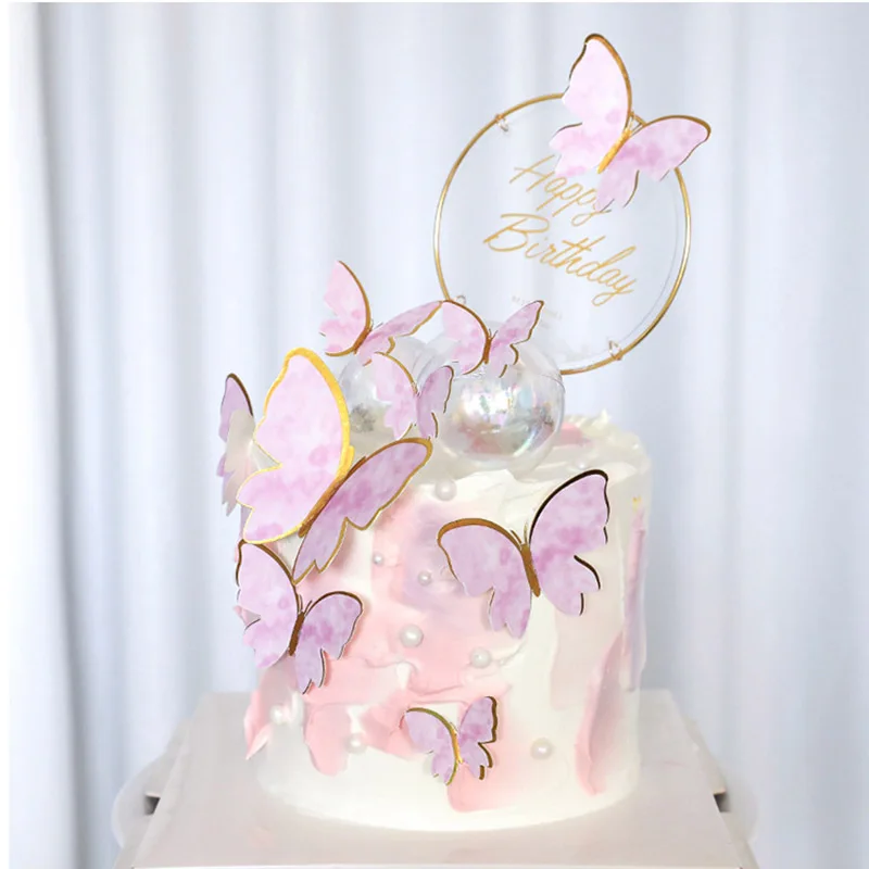 

10Pcs Happy Birthday Cake Topper Cake Decorating Handmade Painted Butterfly Cake Topper for Wedding Birthday Baby Shower Party